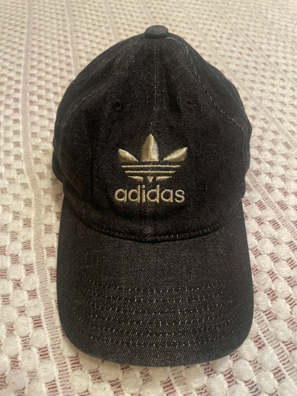 Adidas Trefoil Hat Black Denim Gold Logo Baseball Cap Adjustable Streetwear